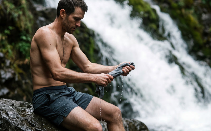 Man sitting by waterfall wearing men's performance shorts