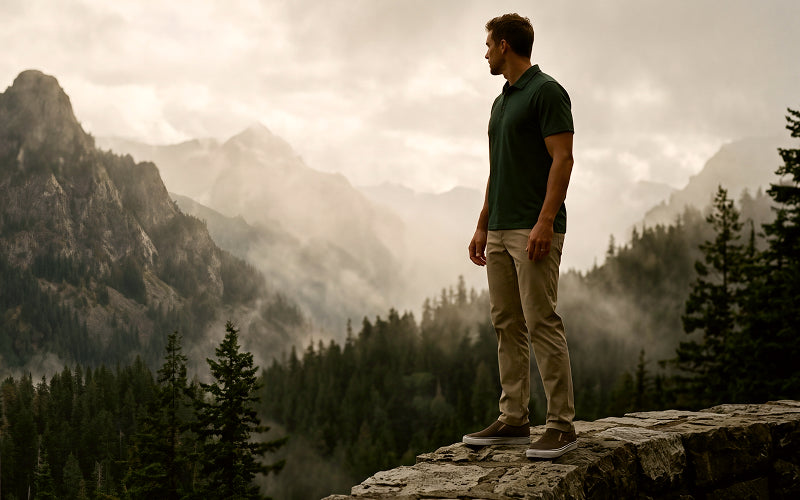 Man standing on mountain top wearing men's performance top and khaki performance pant