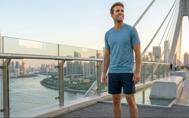 Man standing wearing a blue short sleeved performance t-shirt with dark blue performance shorts on a runner's bridge
