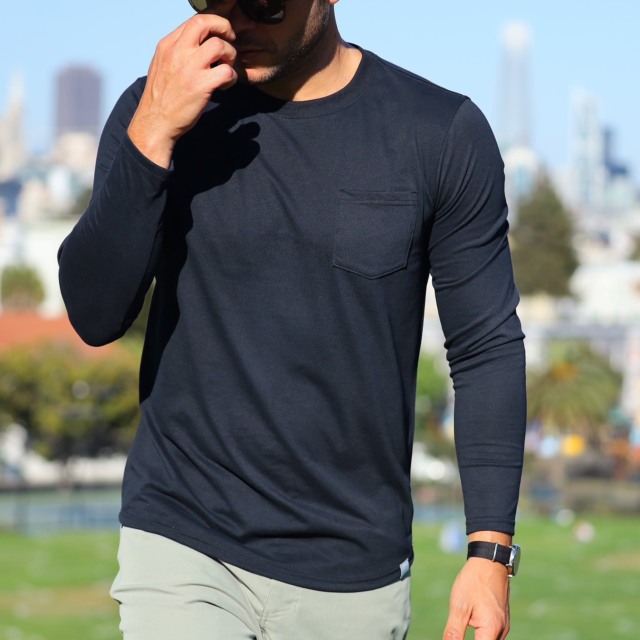 Everyday Long Sleeve Pocket Tee in Black | Myles Apparel | Myles