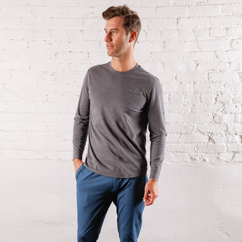 Everyday Long Sleeve Tee with Pocket in Heather Black from Myles Apparel