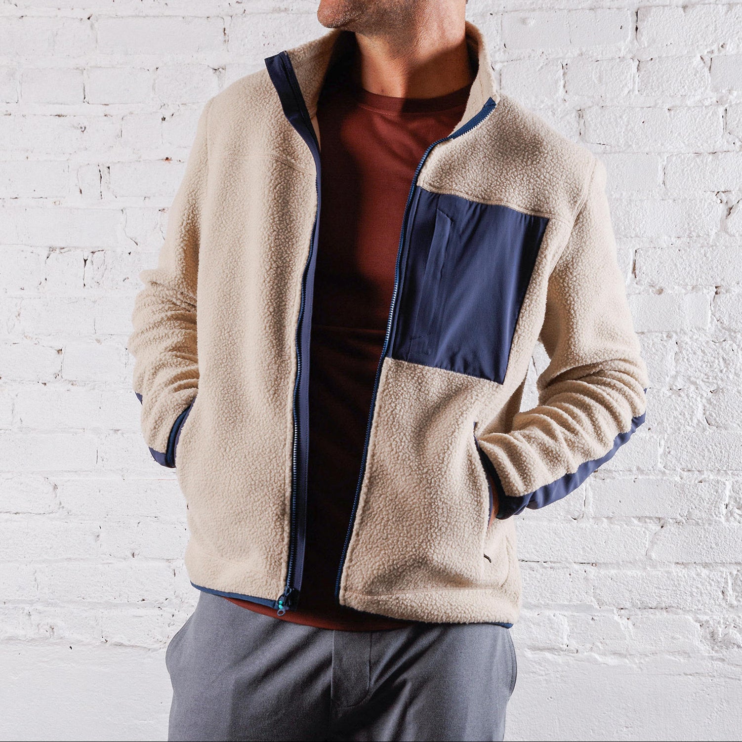 High Pile Sherpa Jacket in Khaki | Men's Zip-Up Fleece Jacket by