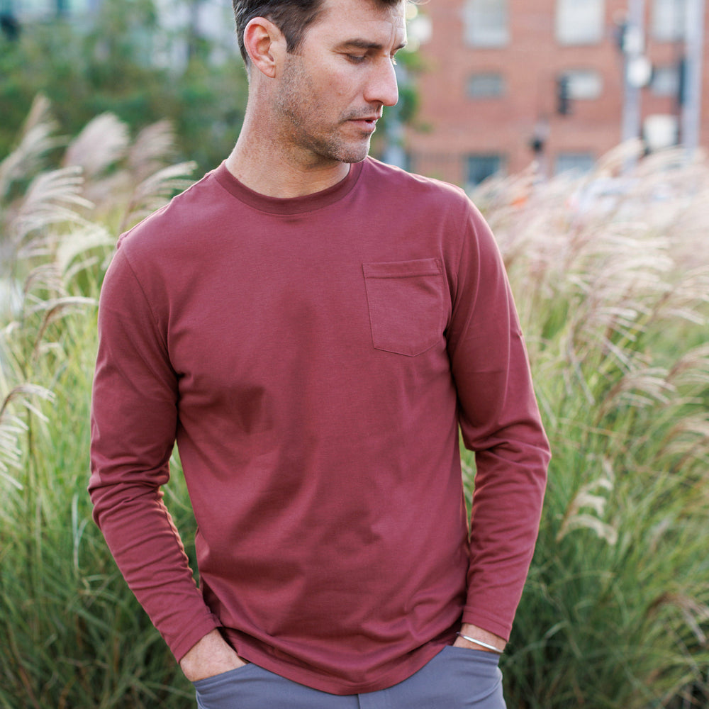 Everyday Long Sleeve Tee with Pocket in Crimson from Myles Apparel